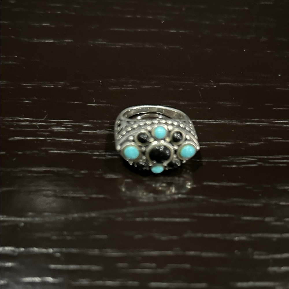 Sterling Silver Onyx and Turquoise Ring- Size 7 - Picture 2 of 5
